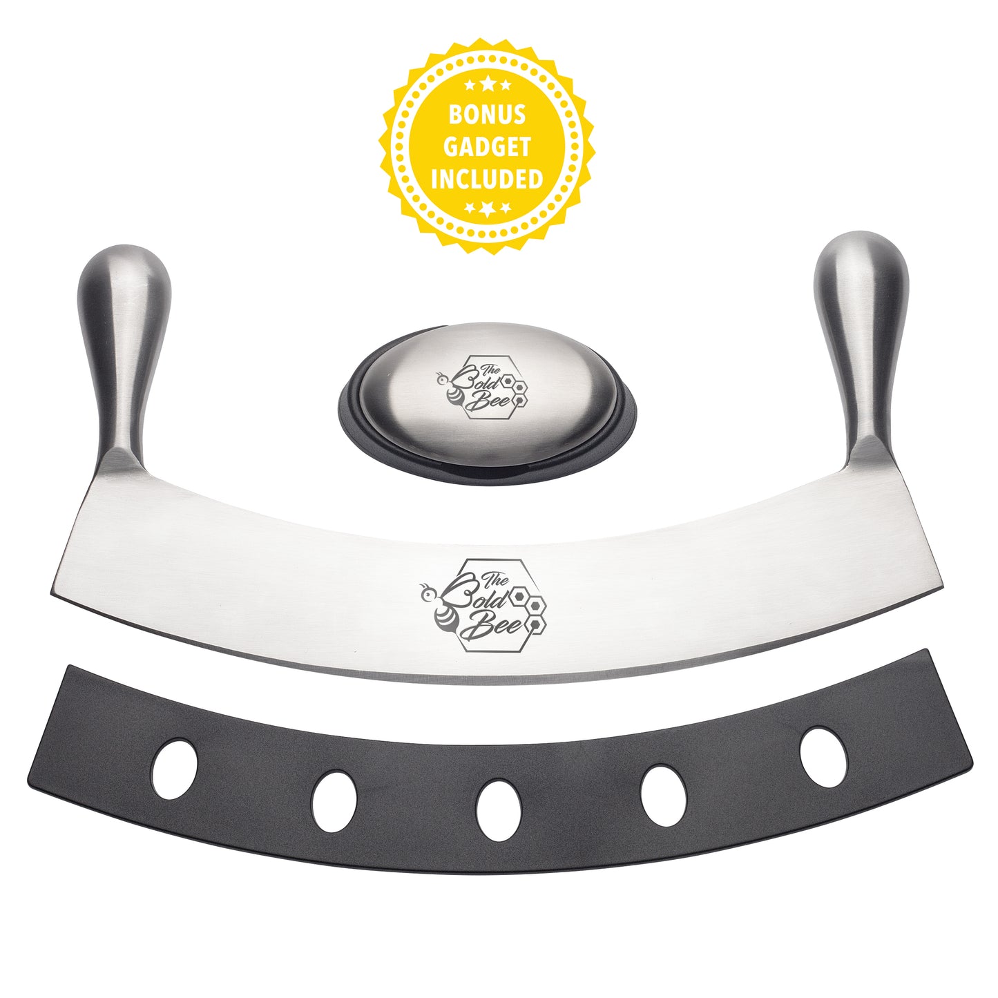 12" Stainless Steel Mezzaluna Knife & Cover + FREE Stainless Steel Soap Odor Remover & Neutralizer