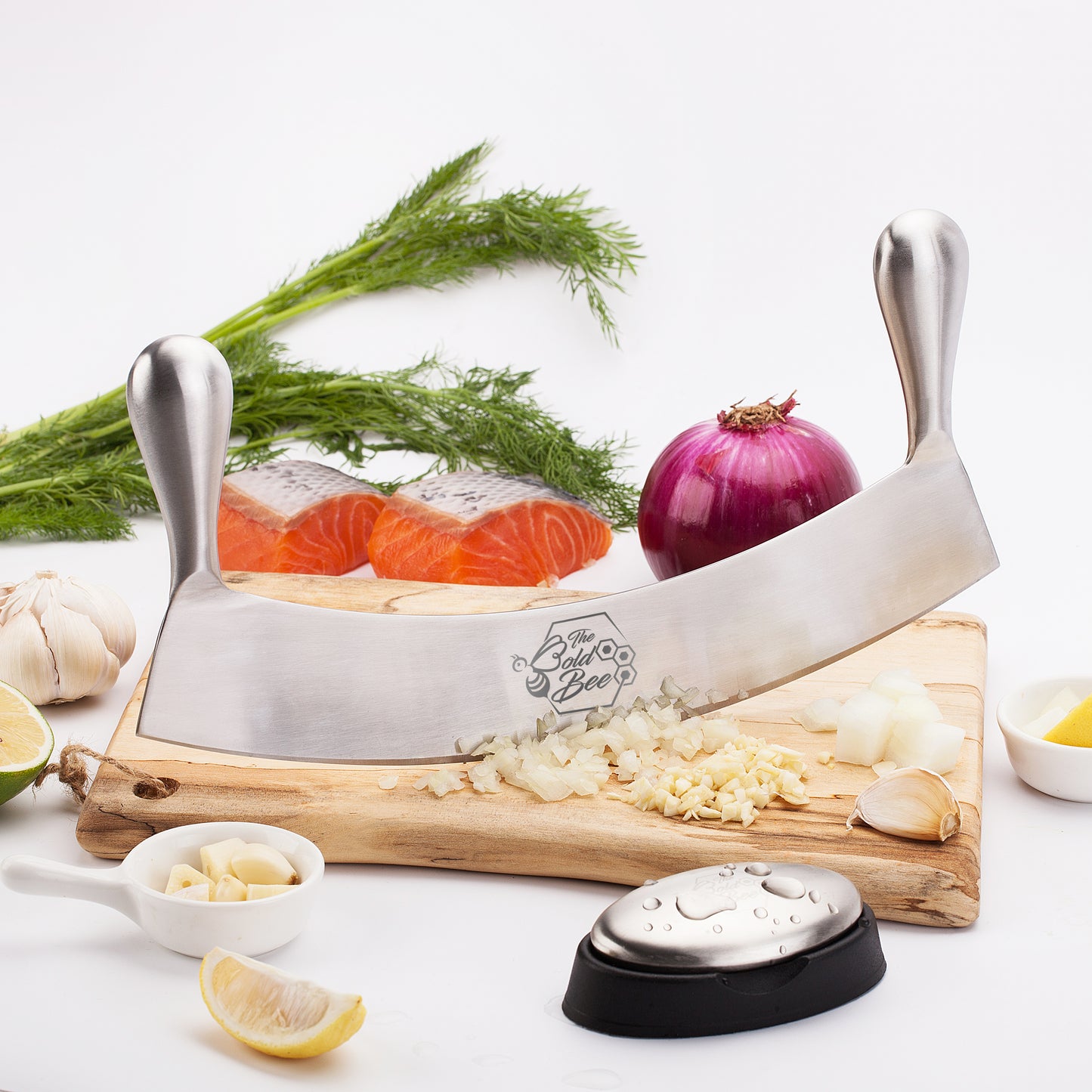 12" Stainless Steel Mezzaluna Knife & Cover + FREE Stainless Steel Soap Odor Remover & Neutralizer