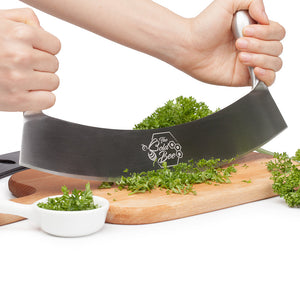12" Stainless Steel Mezzaluna Knife & Cover + FREE Stainless Steel Soap Odor Remover & Neutralizer