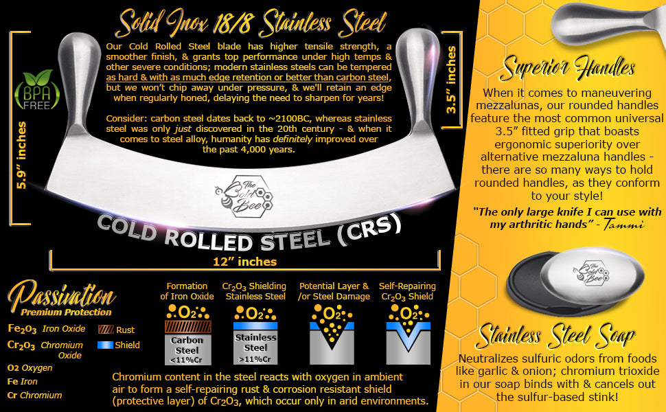 12" Stainless Steel Mezzaluna Knife & Cover + FREE Stainless Steel Soap Odor Remover & Neutralizer